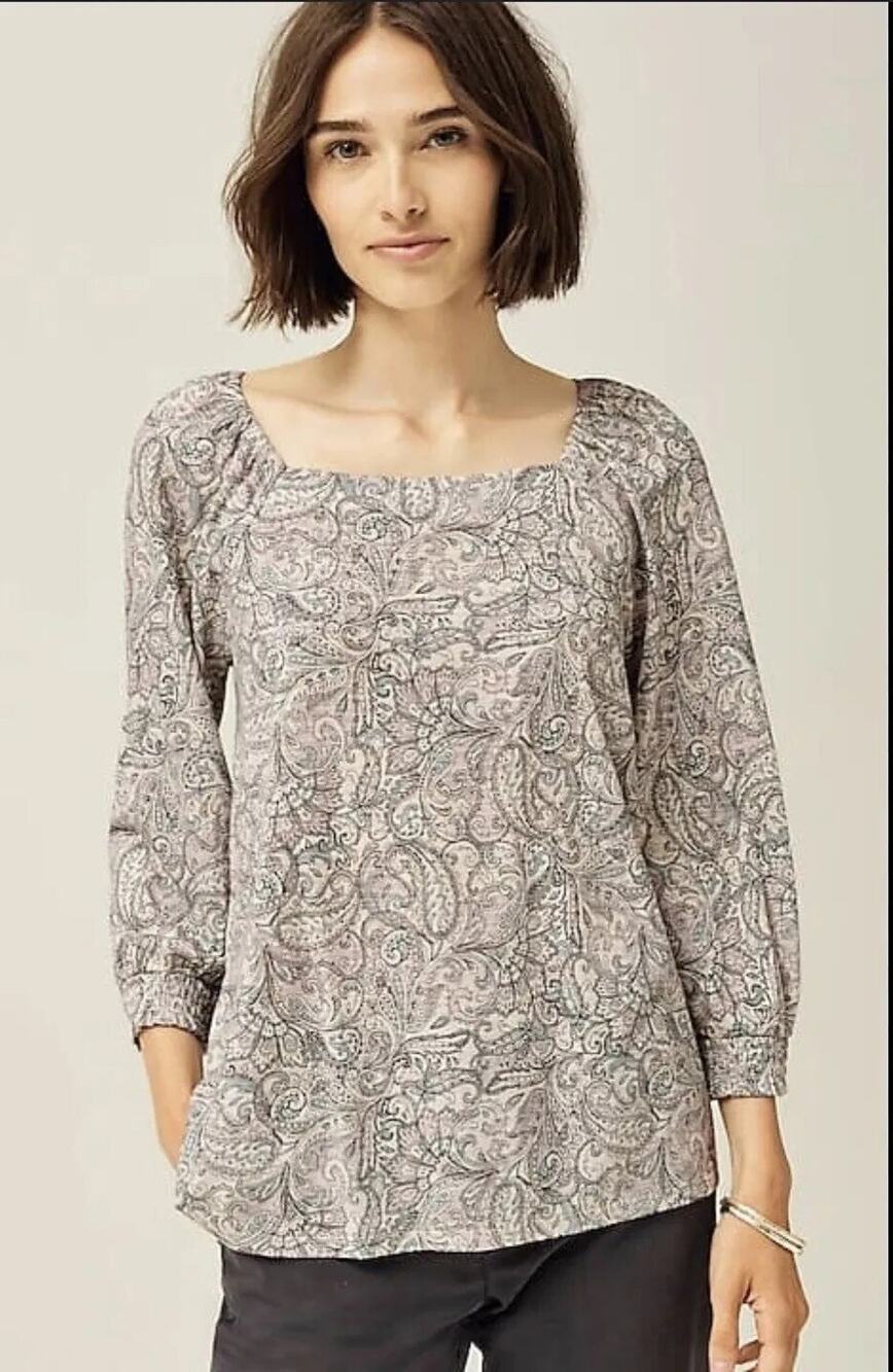 J. Jill Smocked Square-Neck Top XSP Pink Gray Paisley on White Ruffle Cuffs PXS